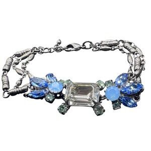 Sorrelli Blue Crystal Floral Statement Bracelet Antiqued Silver Tone Adjustable